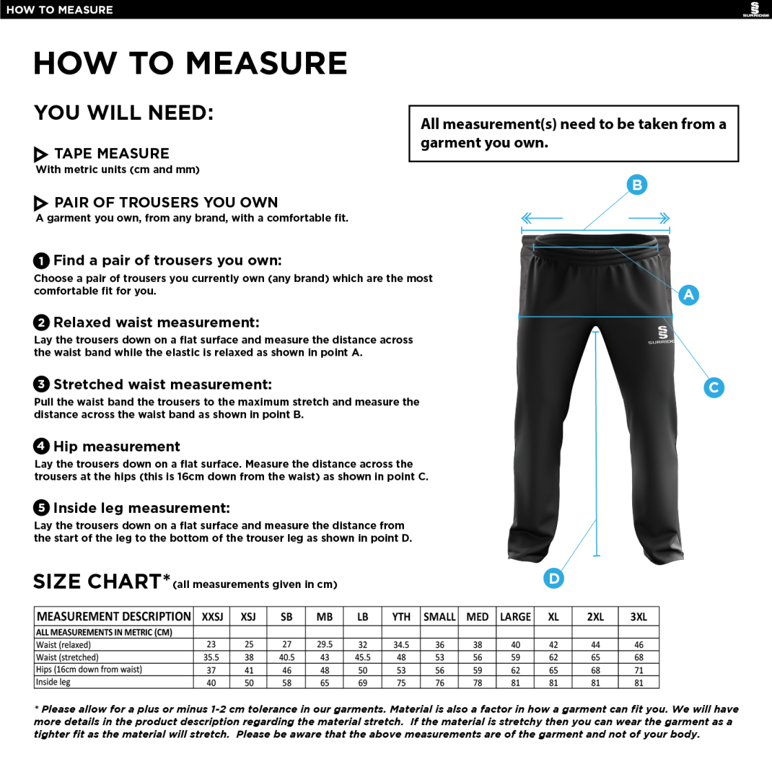 LOUGHBOROUGH RECREATIONAL CC Classic Tracksuit Pant 3/4 Zip Length Navy Mens - Size Guide