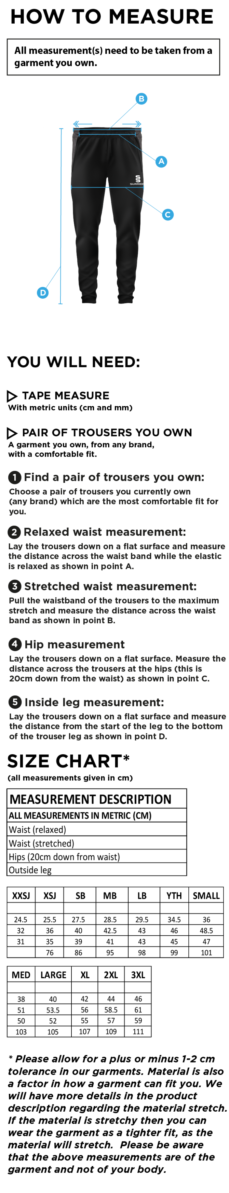 Loughborough Recreational CC - Tek Slim Pant - Size Guide