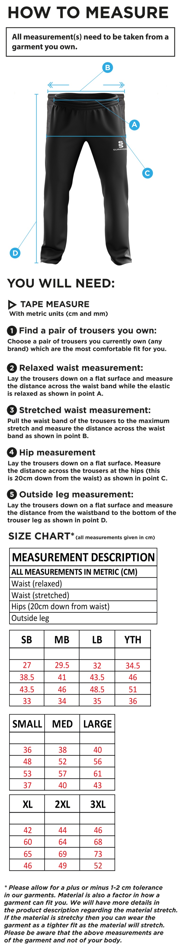 Loughborough Recreational CC - Ripstop Track Pant - Size Guide