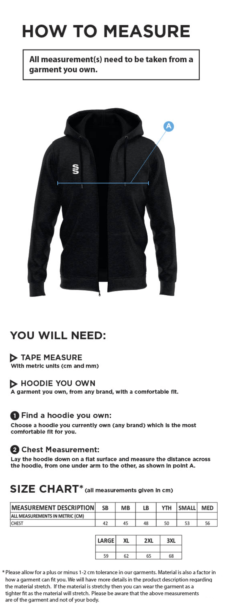 Loughborough Recreational CC - Dual Full Zip Hoody - Size Guide