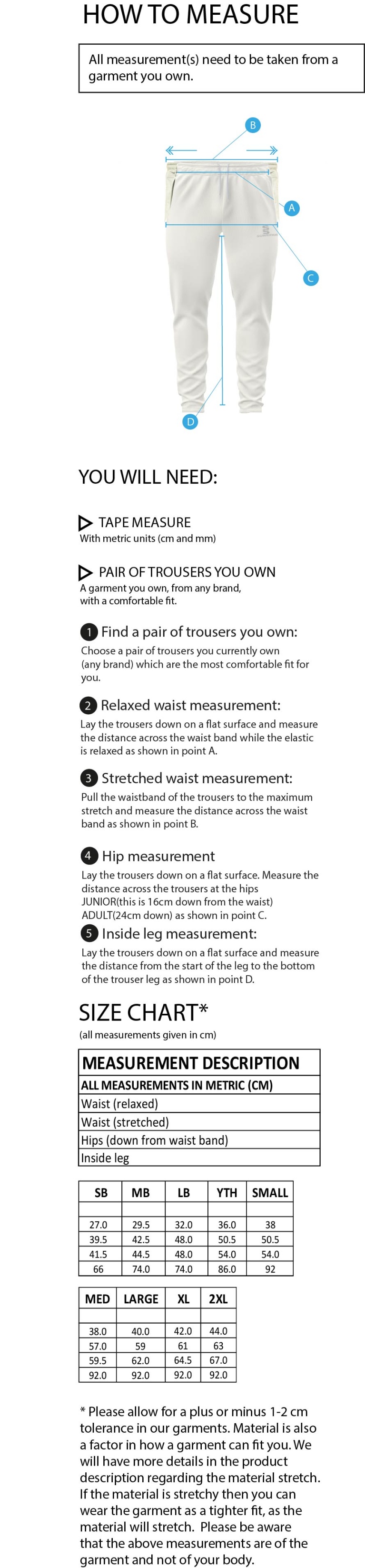 Loughborough Recreational CC - Blade Playing Pant - Size Guide