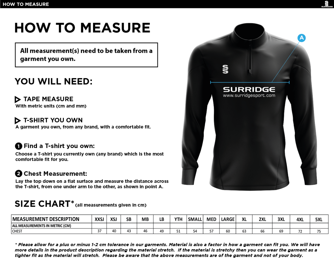 Loughborough Recreational CC - Dual 1/4 Zip - Size Guide