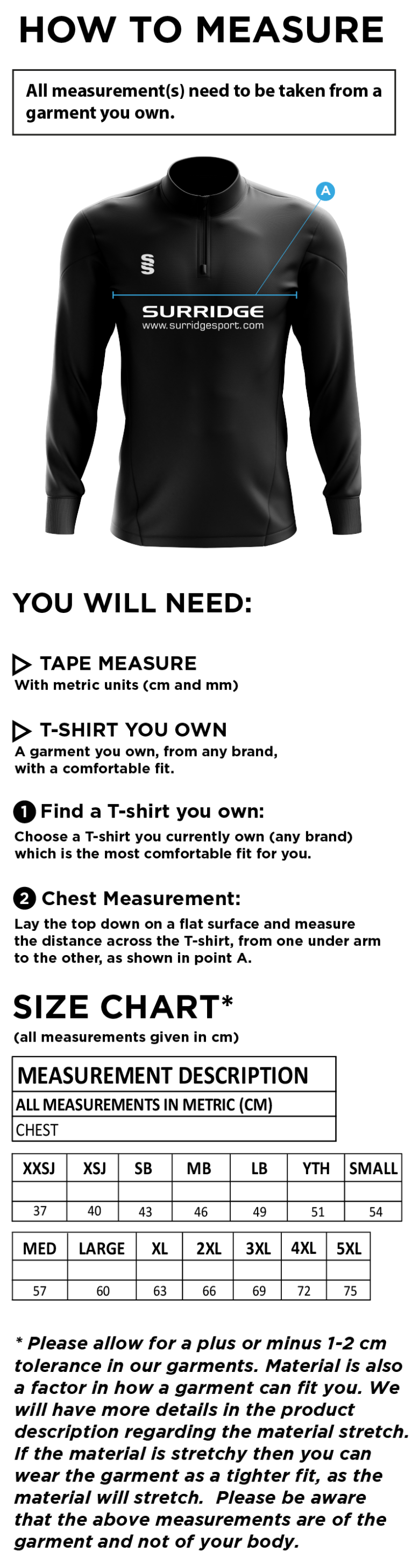 Loughborough Recreational CC - Dual 1/4 Zip - Size Guide