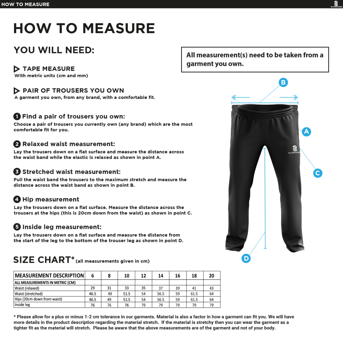 LOUGHBOROUGH RECREATIONAL CC Classic Tracksuit Pant 3/4 Zip Length Navy Female - Size Guide