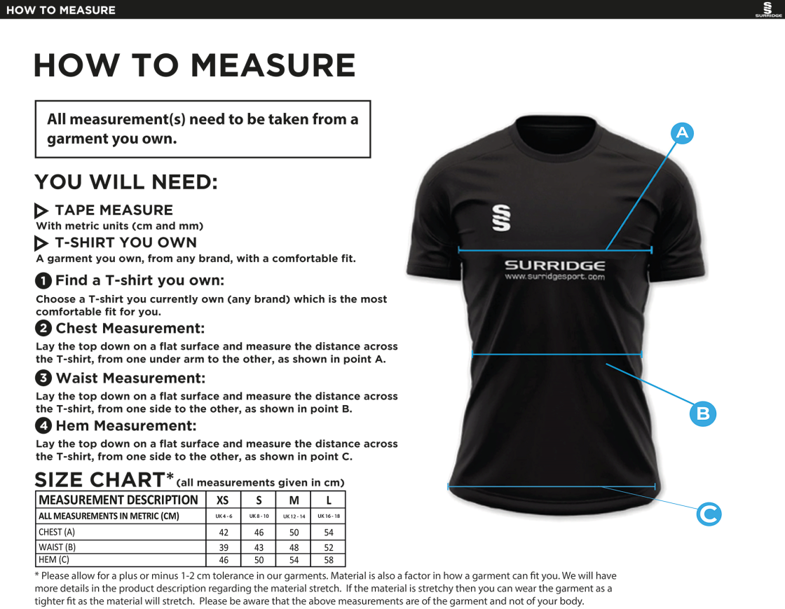 Loughborough Recreational CC - Women's Blade Polo - Size Guide
