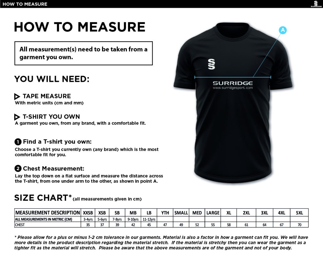 Loughborough Recreational CC - Dual Games Shirt - Size Guide