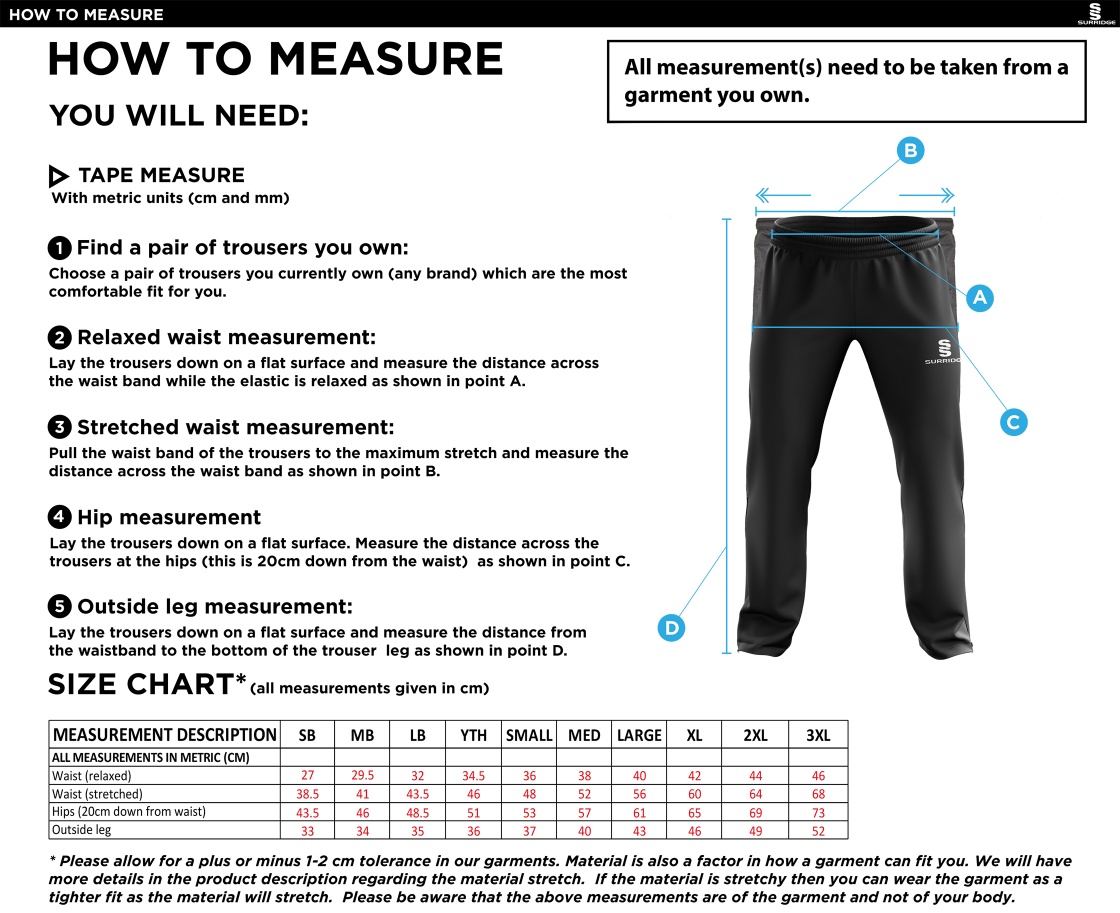 Loughborough Recreational CC - Ripstop Track Pant - Size Guide