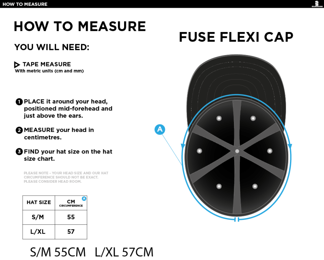 LOUGHBOROUGH RECREATIONAL CC Fuse Flexi Cap - Black - Size Guide