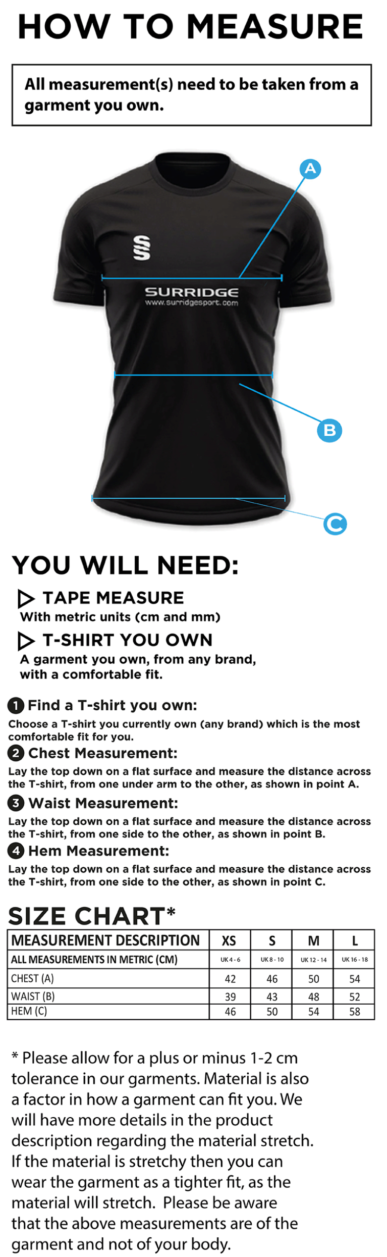 Loughborough Recreational CC - Women's Blade Polo - Size Guide